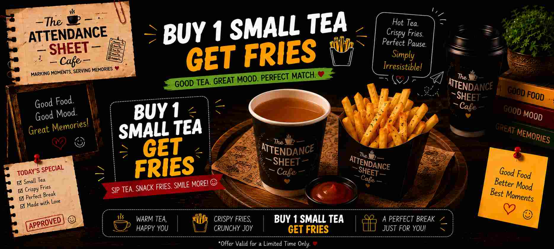 Buy 1 Small tea Get fries