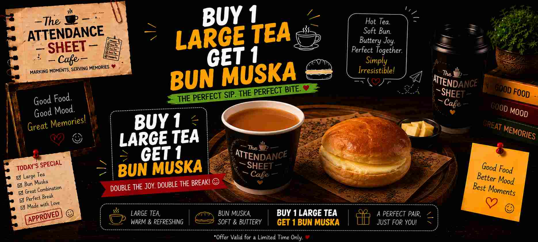 Buy 1 large tea Get 1 Bun Muska